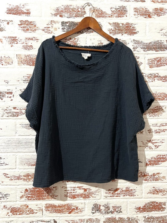 Before You Tops - Before You Cotton Gauze Blouse Dark Gray Frayed Trim Coastal Granola Girl Sz L